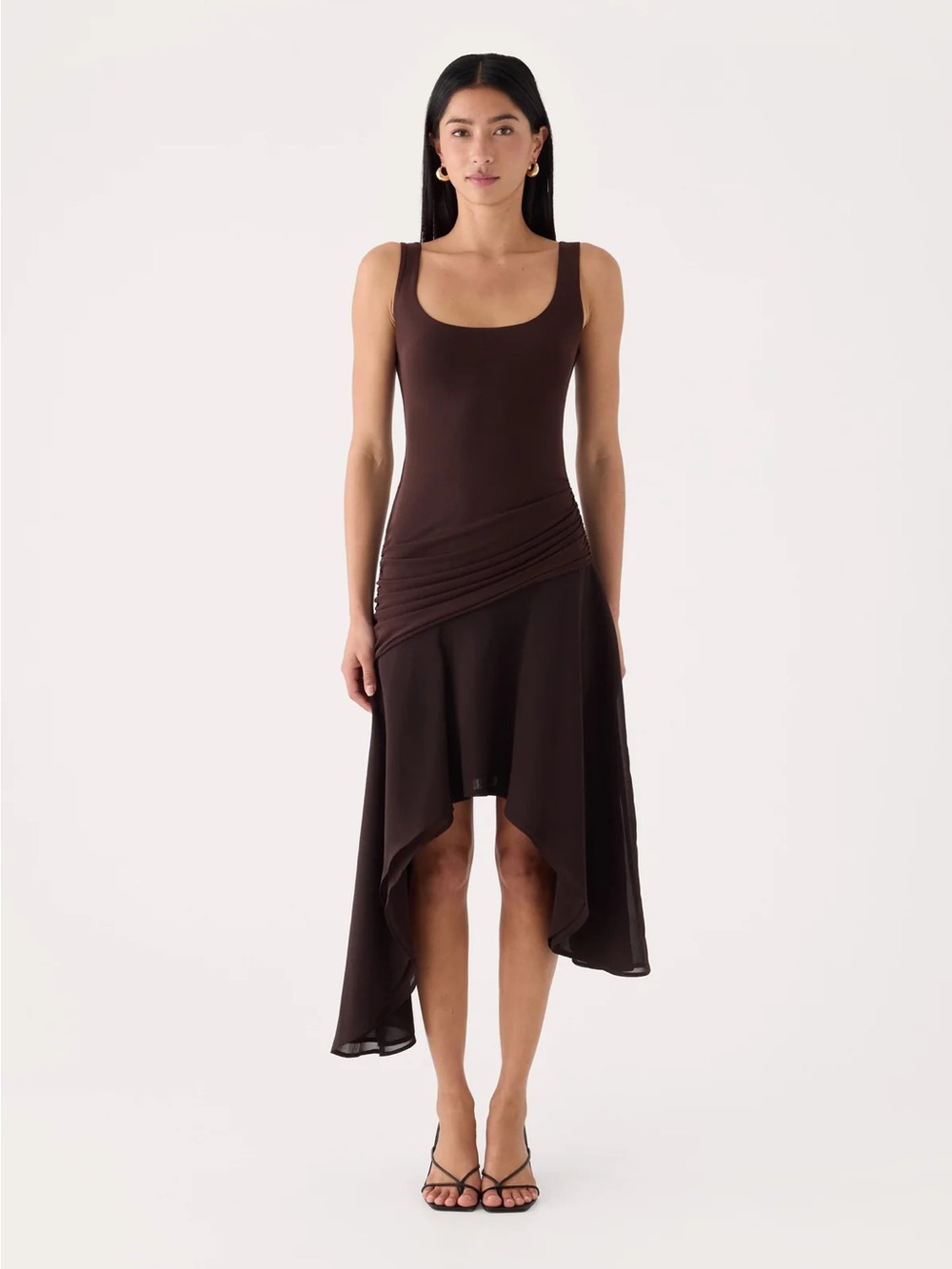 Peppermayo Concetta Contrast Asymmetrical Midi Dress in Chocolate - NWOT